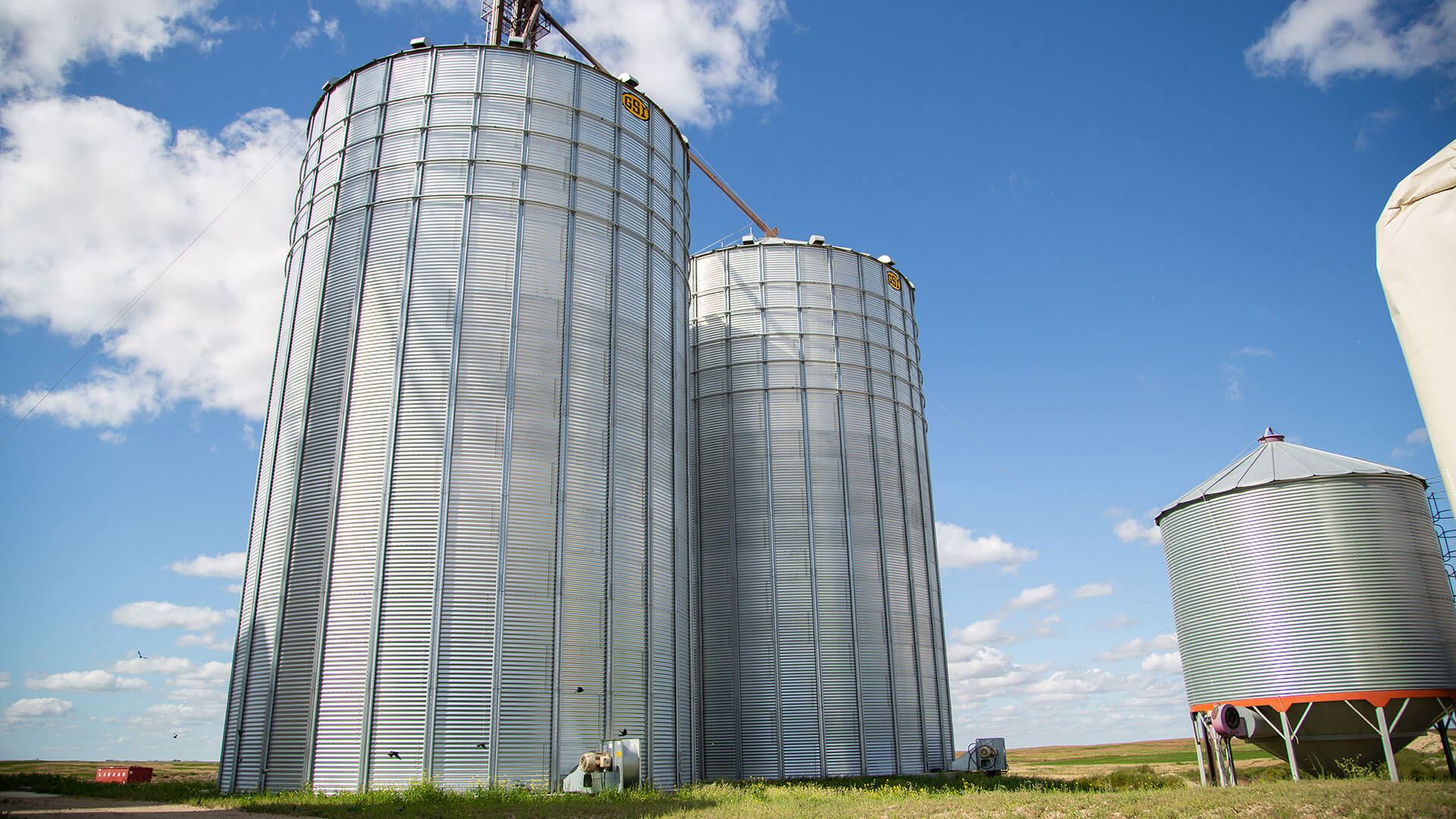 Two large grain bins on green field